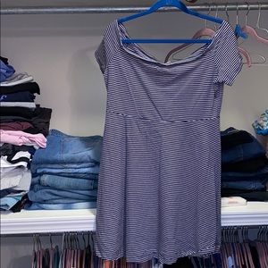 Navy Blue &White On or Off the Shoulder Midi Dress